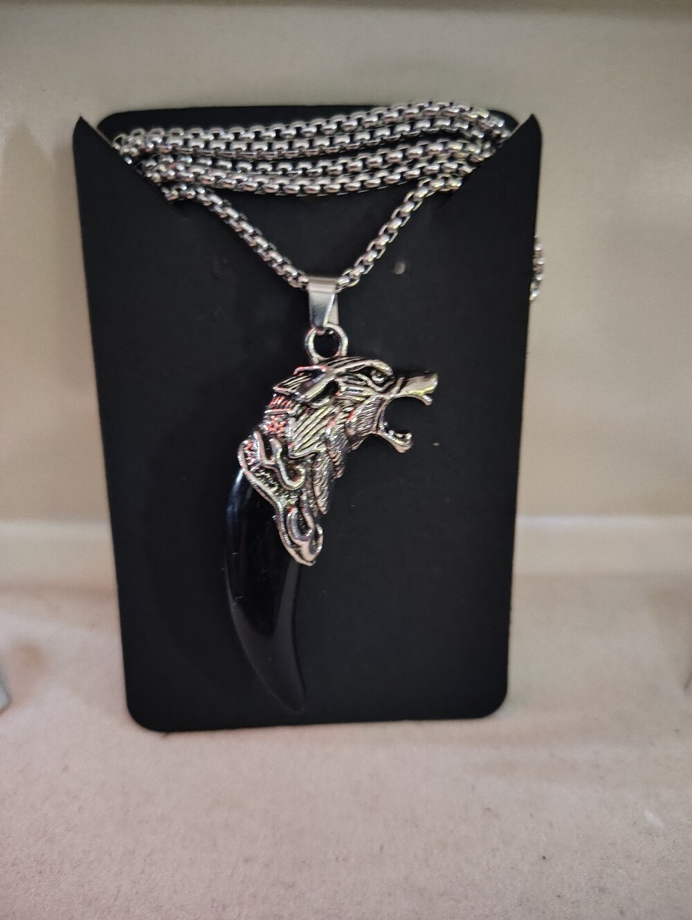 🐺 Men’s Stainless Steel Wolf Head Black Fang Pendant Necklace - 24" Chain 🐺